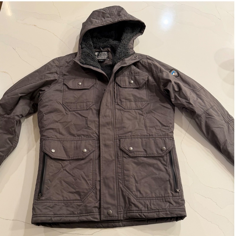 Kuhl Arktik Jacket Mens Small Charcoal Gray Faux Fur Lined Waxed Cotton Parka